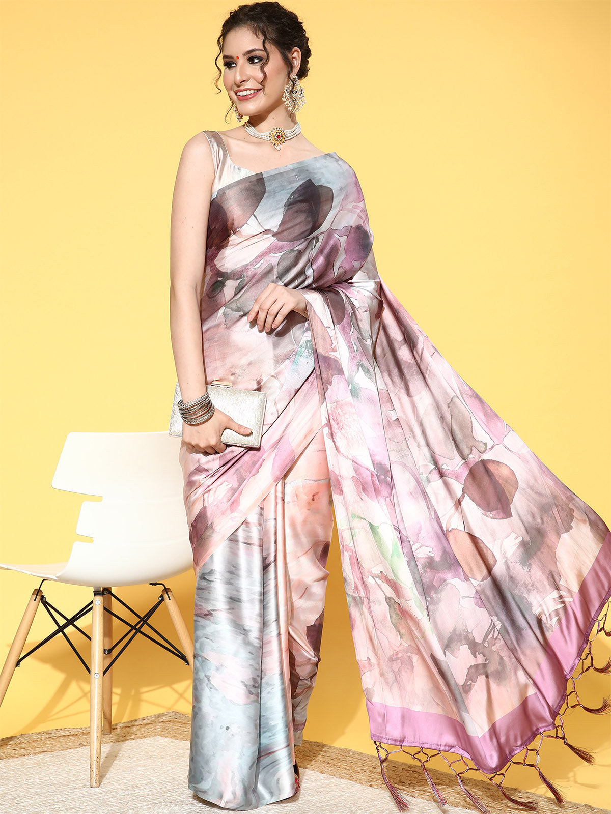 Peach Satin Floral Printed Saree With Unstitched Blouse