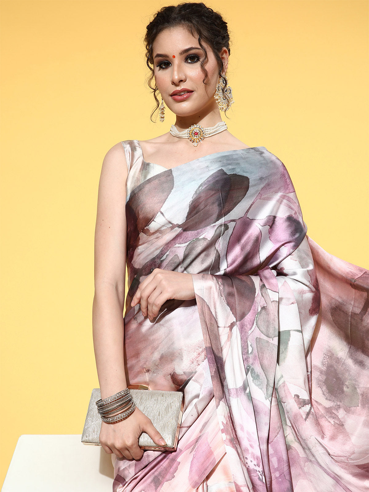 Peach Satin Floral Printed Saree With Unstitched Blouse