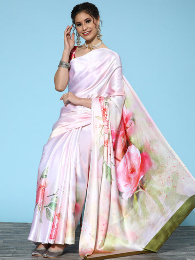 White Printed Satin Silk Saree With Unstitched Blouse