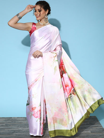 White Printed Satin Silk Saree With Unstitched Blouse