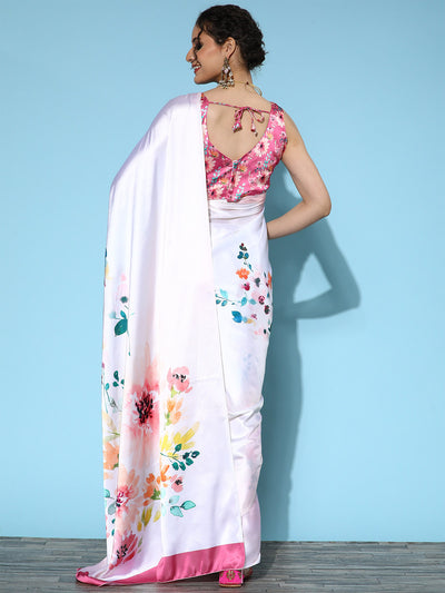Multicolor Printed Satin Silk Saree With Unstitched Blouse