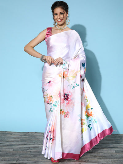 Multicolor Printed Satin Silk Saree With Unstitched Blouse