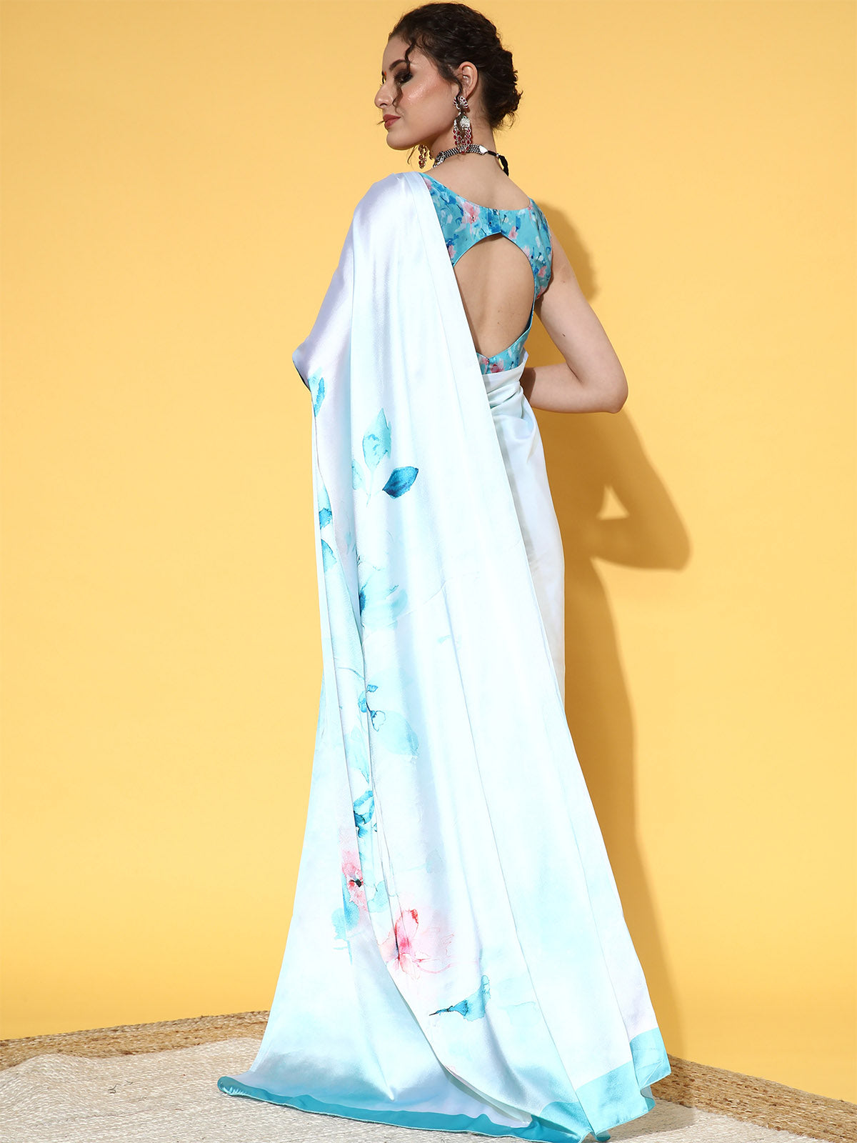 Aqua Printed Satin Designer Saree With Unstitched Blouse