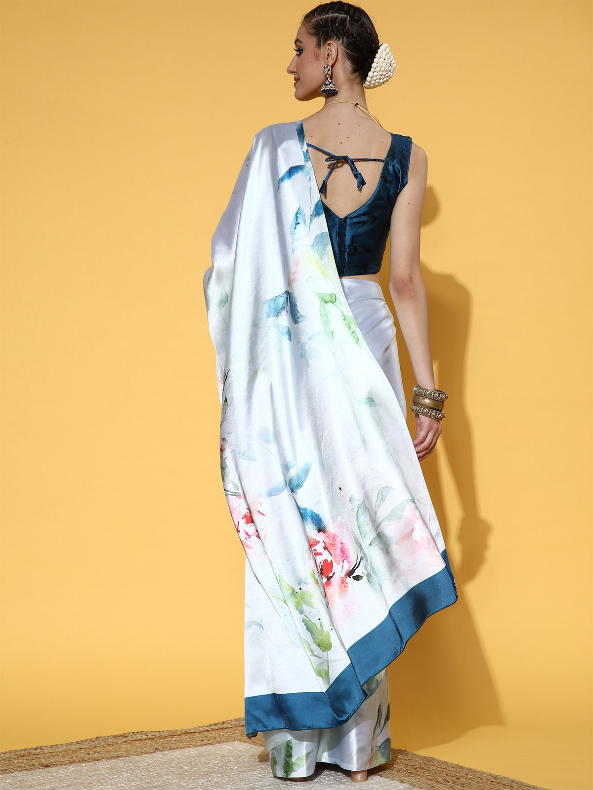 Blue Printed Satin Designer Saree With Unstitched Blouse