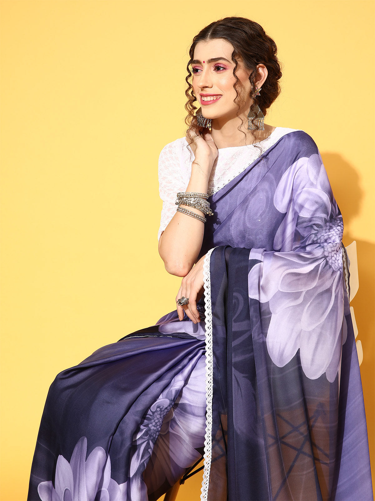 Violet Floral Printed Satin Silk Saree With Unstitched Blouse