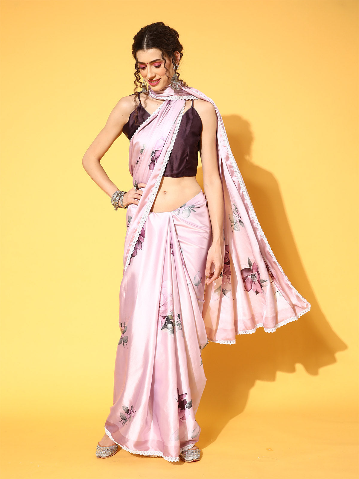 Pink Floral Printed Crepe Saree With Unstitched Blouse
