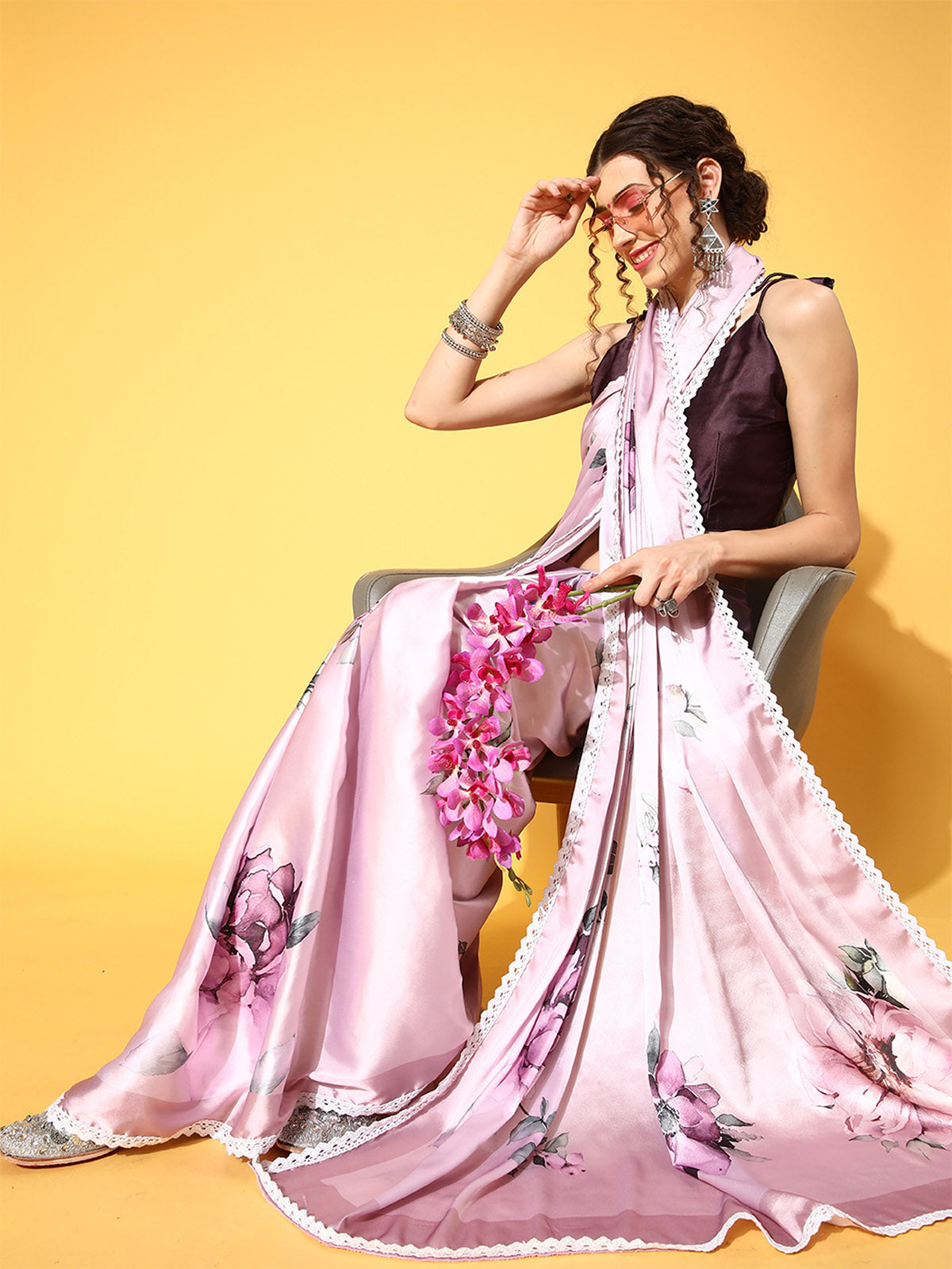 Pink Floral Printed Crepe Saree With Unstitched Blouse