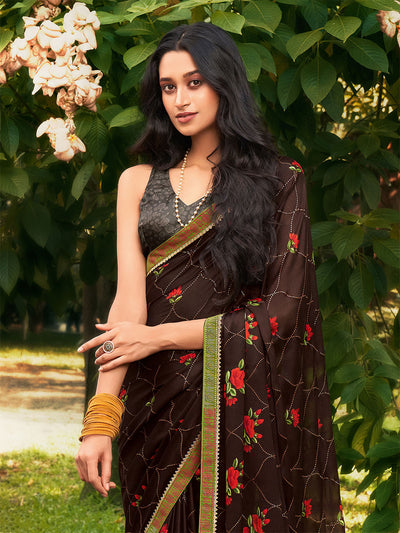 Women'S Chiffon Brown Embroidered Saree With Unstitched Blouse