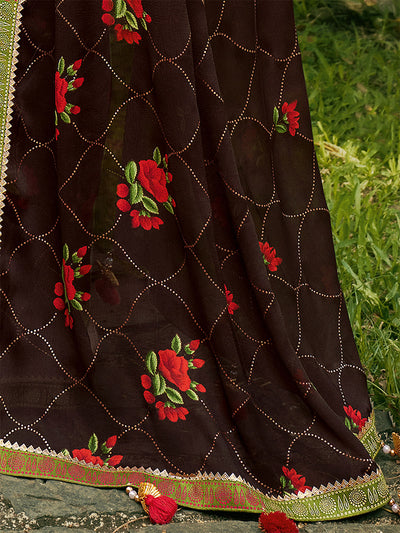 Women'S Chiffon Brown Embroidered Saree With Unstitched Blouse