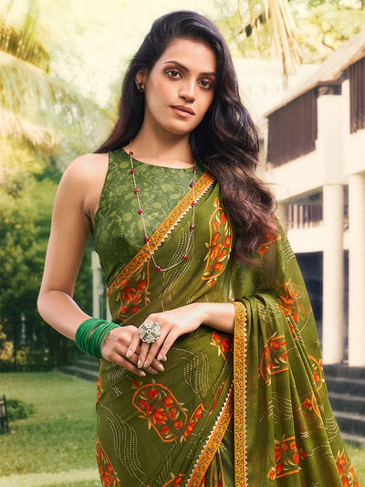 Odette Women Chiffon Olive Embellished Saree With Unstitched Blouse