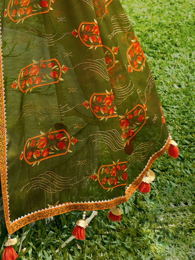 Odette Women Chiffon Olive Embellished Saree With Unstitched Blouse
