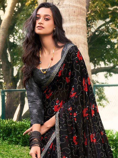 Odette Women Chiffon Black Embellished Saree With Unstitched Blouse