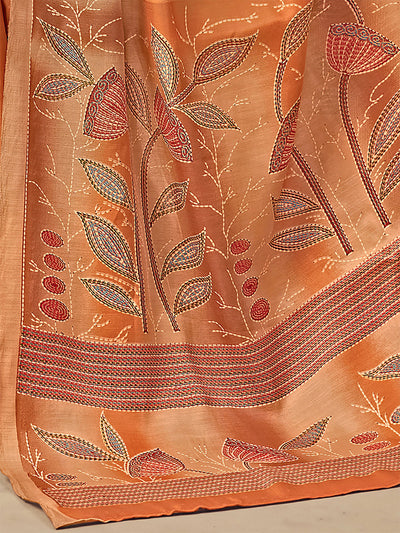 Odette Women Tussar Silk Mustard Printed Saree With Unstitched Blouse
