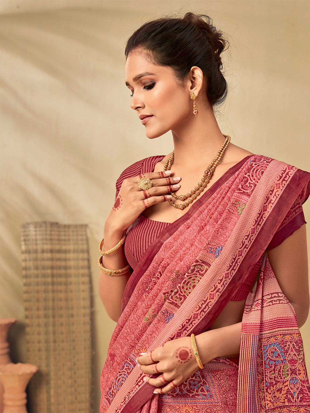 Odette Women Tussar Silk Pink Printed Saree With Unstitched Blouse
