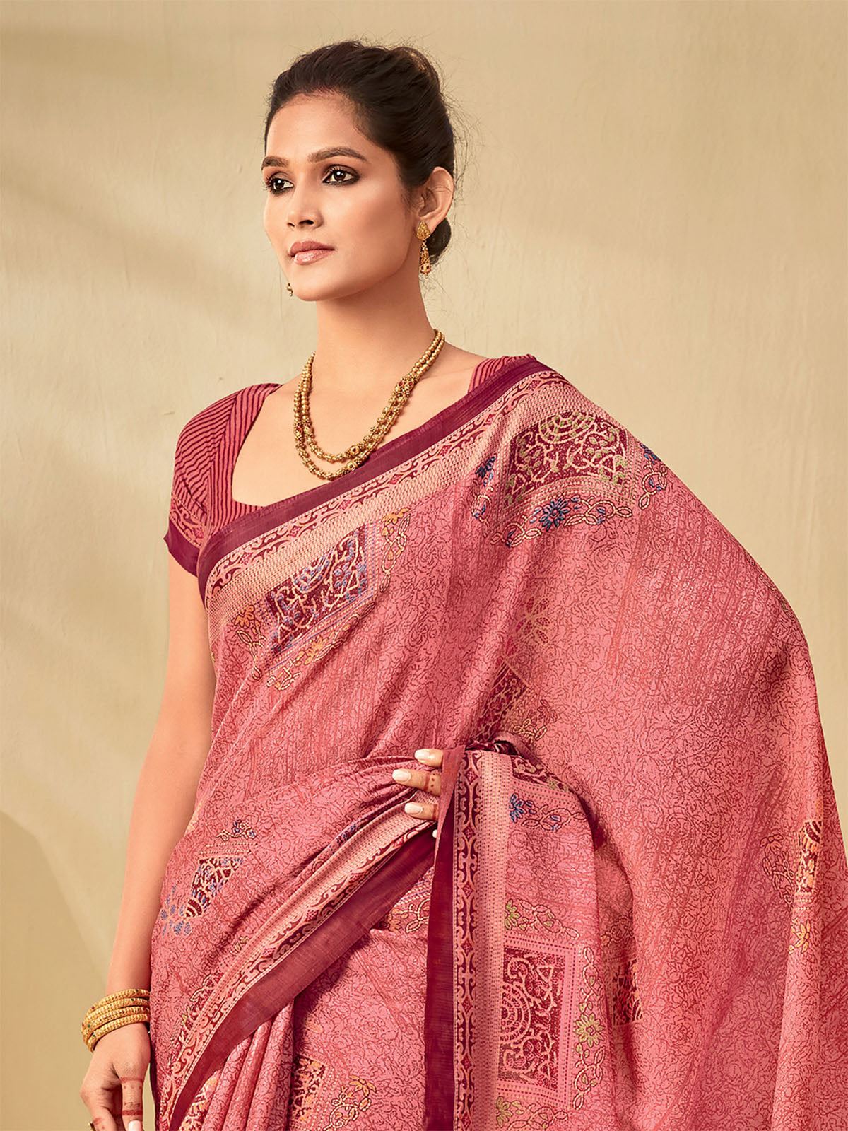 Odette Women Tussar Silk Pink Printed Saree With Unstitched Blouse
