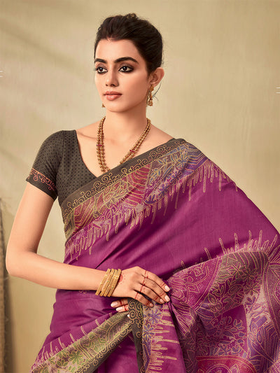 Women'S Tussar Silk Magenta Printed Saree With Unstitched Blouse