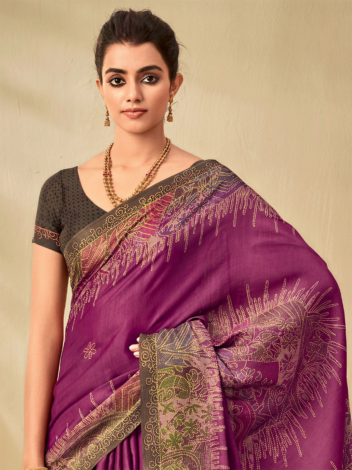 Women'S Tussar Silk Magenta Printed Saree With Unstitched Blouse