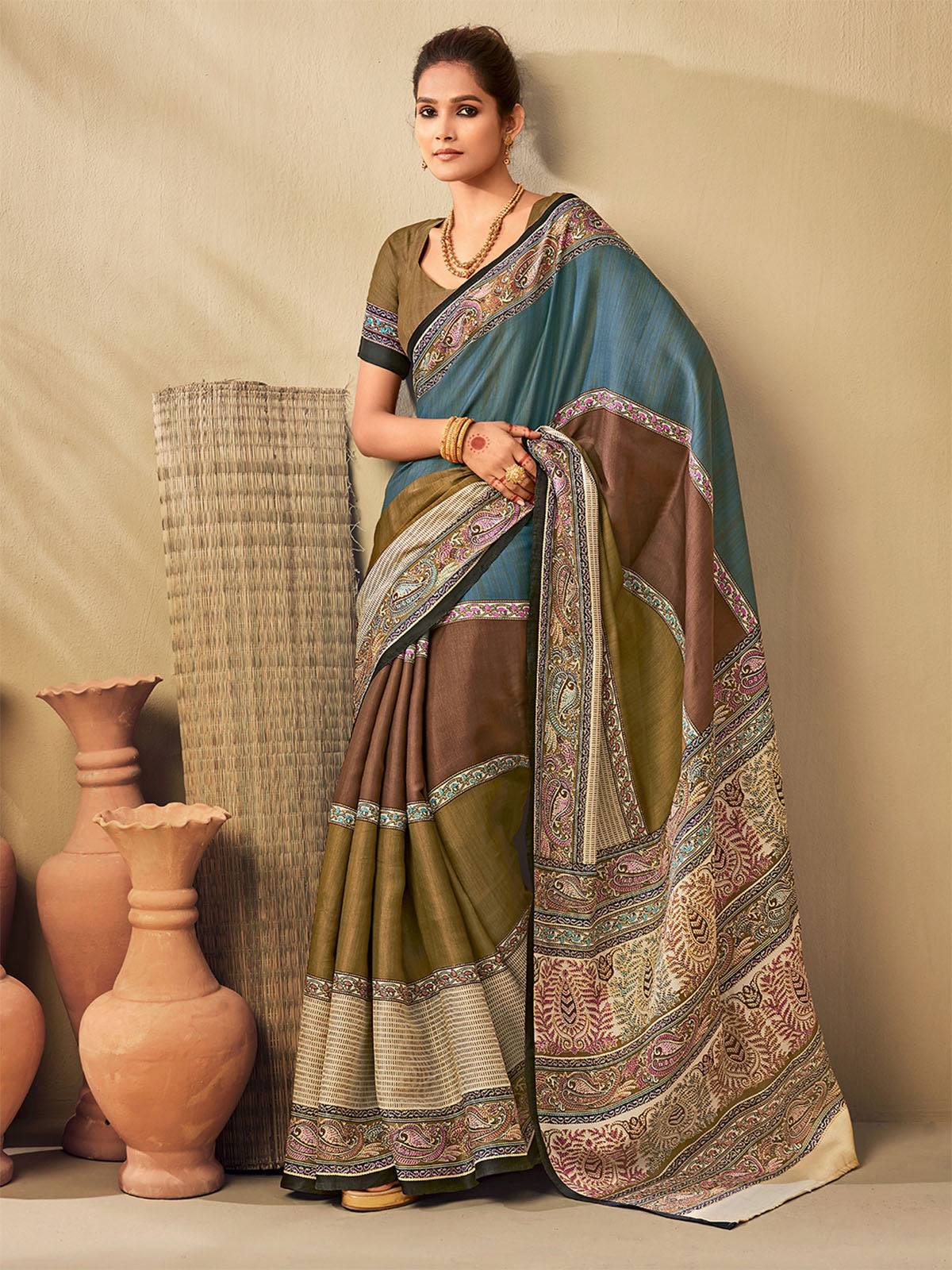Odette Women Tussar Silk Teal Blue Printed Saree With Unstitched Blouse