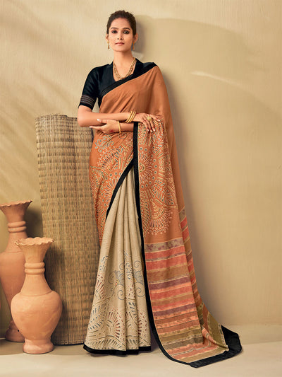 Odette Women Tussar Silk Peach Printed Saree With Unstitched Blouse