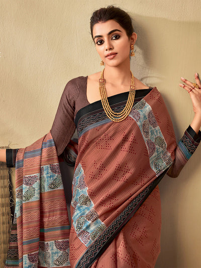 Odette Women Tussar Silk Brown Printed Saree With Unstitched Blouse