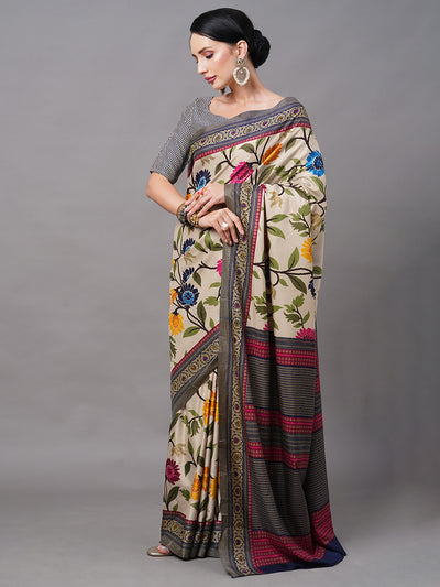 Apricot Blend Silk Digital Printed Saree With Unstitched Blouse