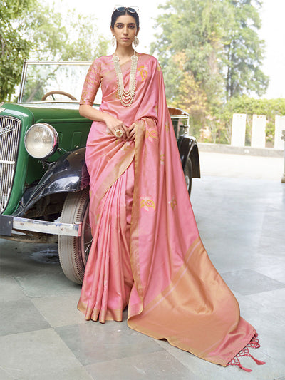 Women'S Silk Blend Pink Woven Design Handloom Saree With Unstitched Blouse