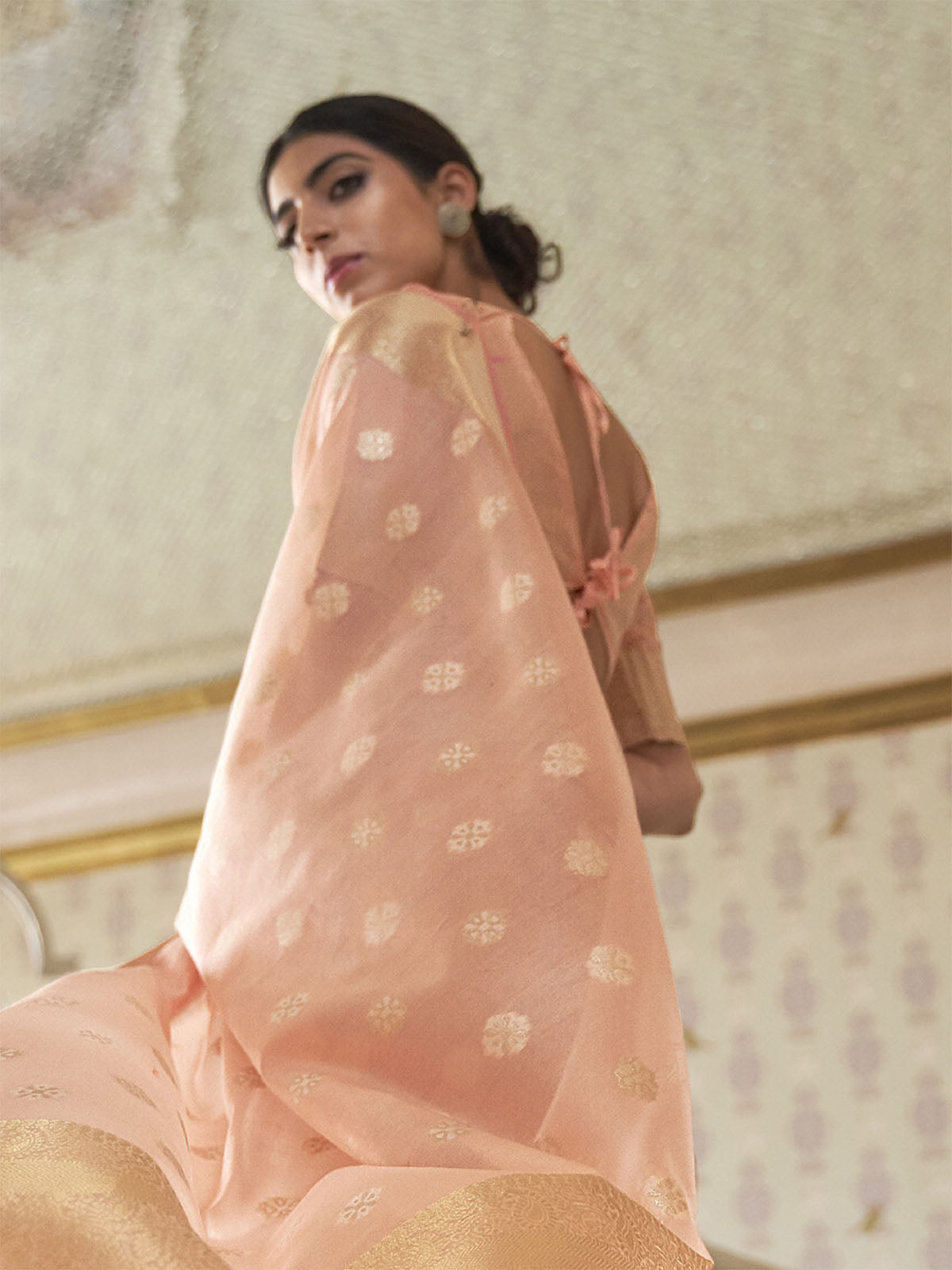 Odette Women Silk Blend Peach Woven Design Handloom Saree With Unstitched Blouse
