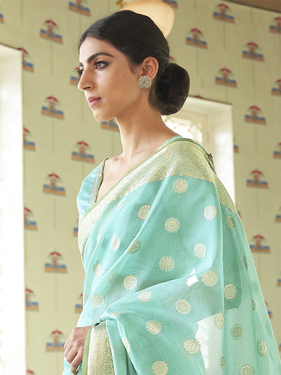 Odette Women Silk Blend Sea Green Woven Design Handloom Saree With Unstitched Blouse