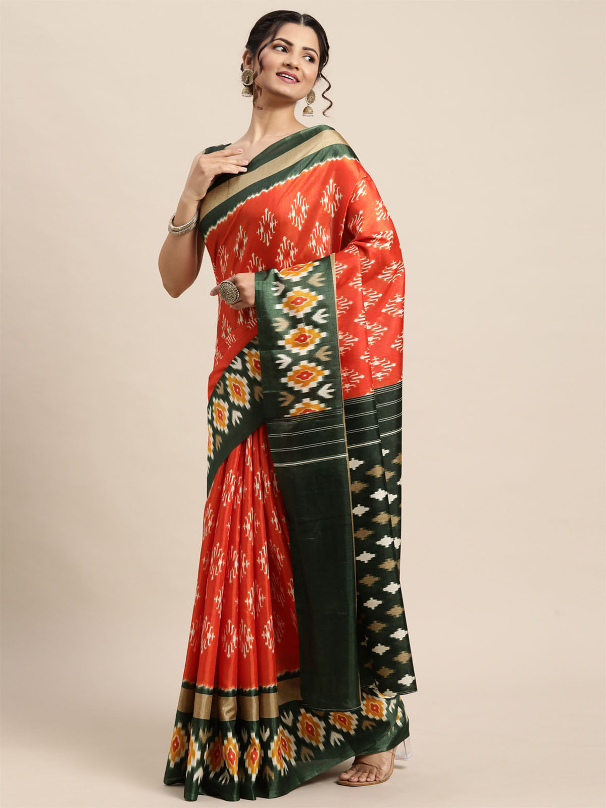 Women'S Dola Silk Orange Printed Designer Saree With Unstitched Blouse