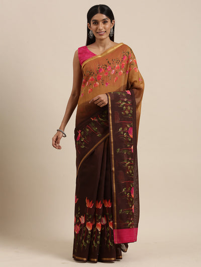 Brown Linen Floral Printed Saree With Unstitched Blouse