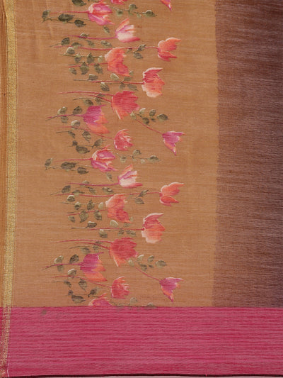 Brown Linen Floral Printed Saree With Unstitched Blouse