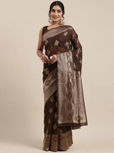 Brown Linen Woven Design Saree With Unstitched Blouse
