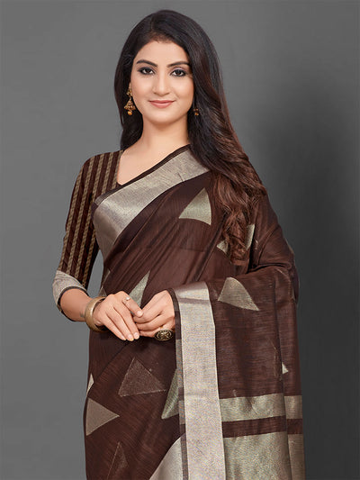 Odette Women Linen Brown Woven Designer Saree With Unstitched Blouse