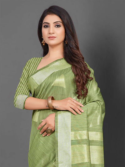 Odette Women Linen Green Woven Designer Saree With Unstitched Blouse
