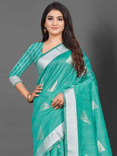 Odette Women Linen Sea Green Woven Designer Saree With Unstitched Blouse