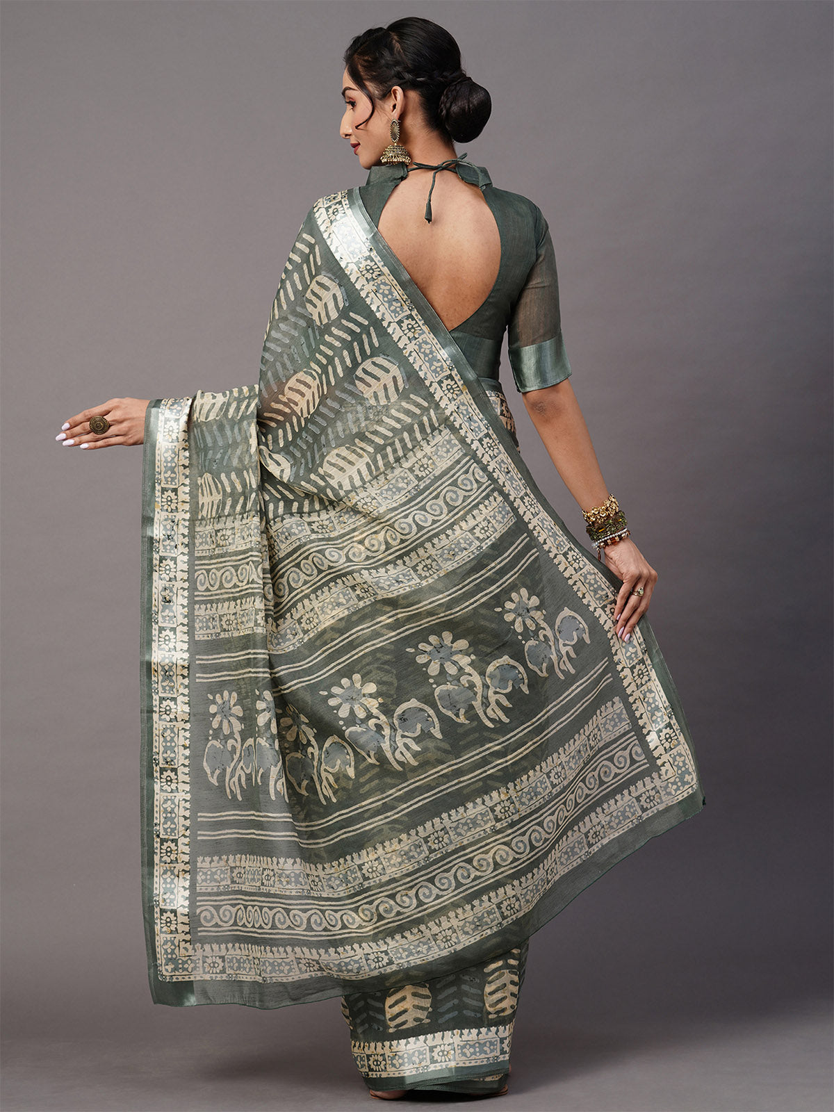 Sea Green Printed Blend Cotton Saree With Unstitched Blouse