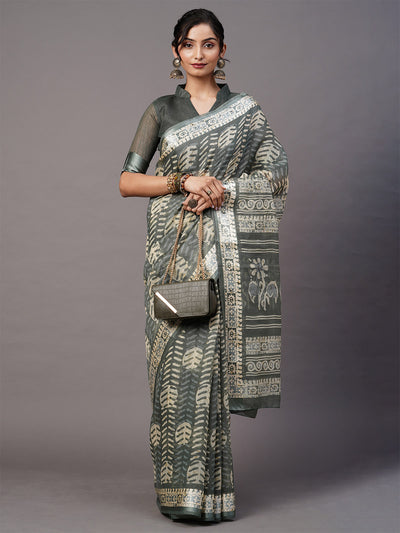 Sea Green Printed Blend Cotton Saree With Unstitched Blouse