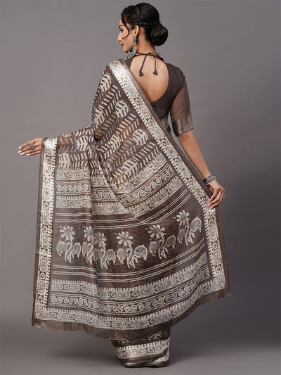 Dark Grey Printed Blend Cotton Saree With Unstitched Blouse