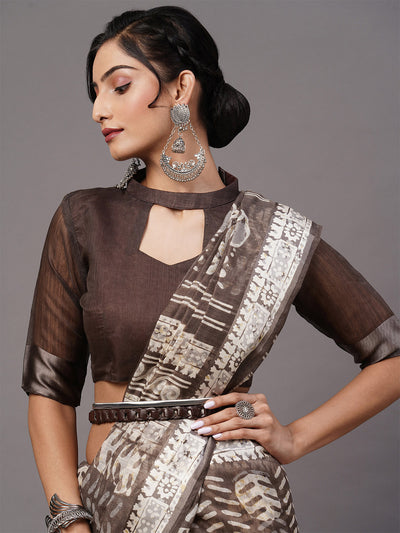 Dark Grey Printed Blend Cotton Saree With Unstitched Blouse