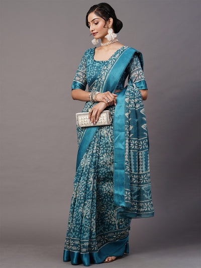Blue Printed Blend Cotton Saree With Unstitched Blouse