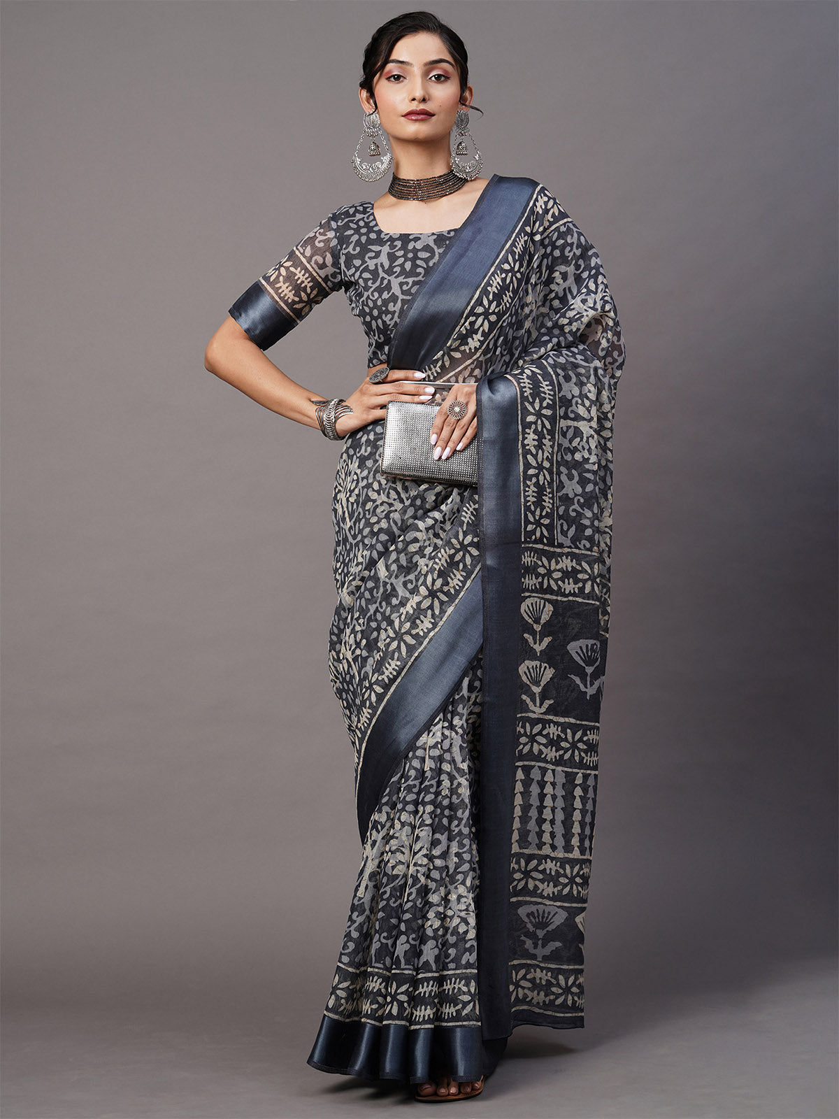 Grey Printed Blend Cotton Saree With Unstitched Blouse
