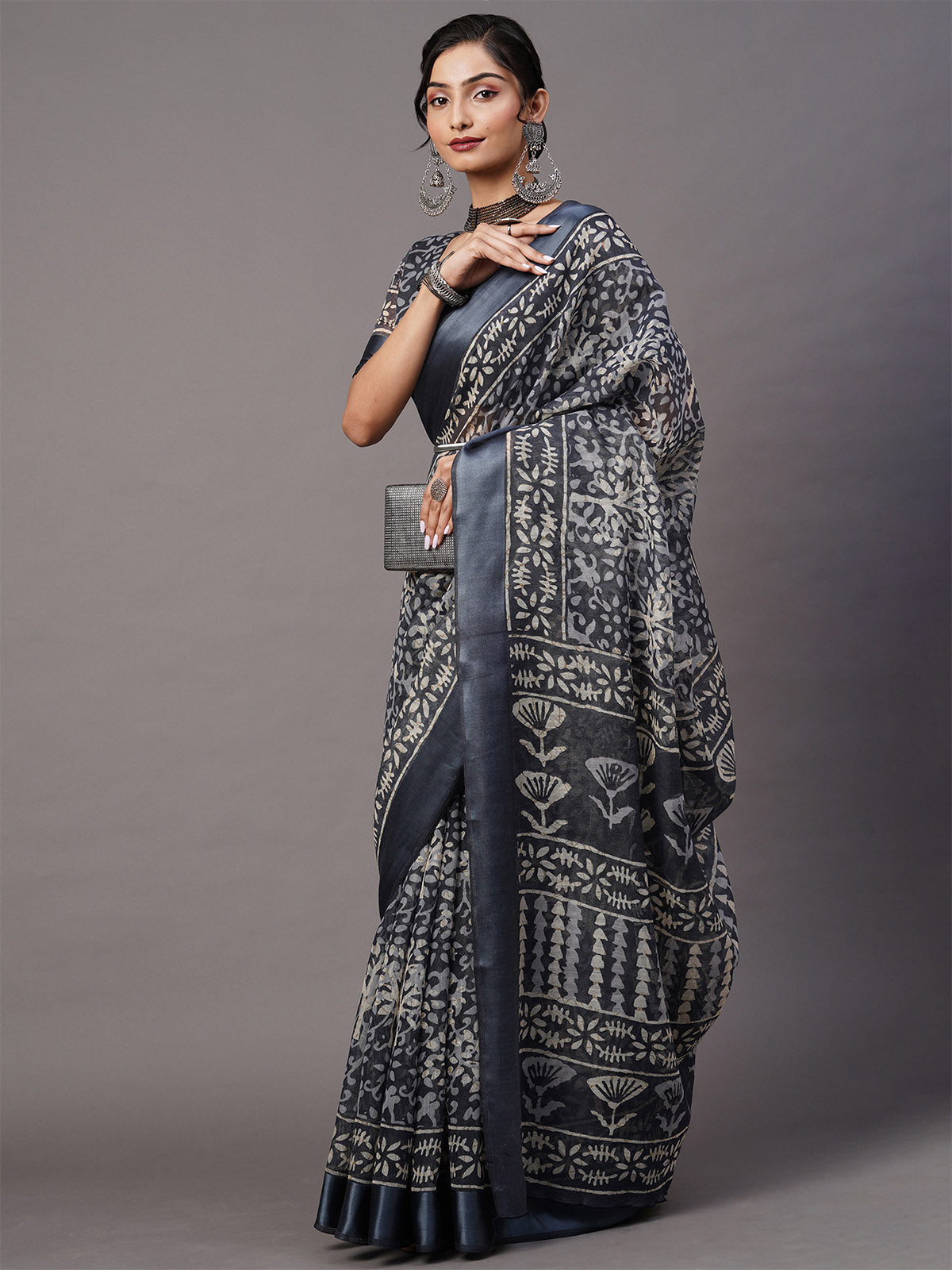 Grey Printed Blend Cotton Saree With Unstitched Blouse