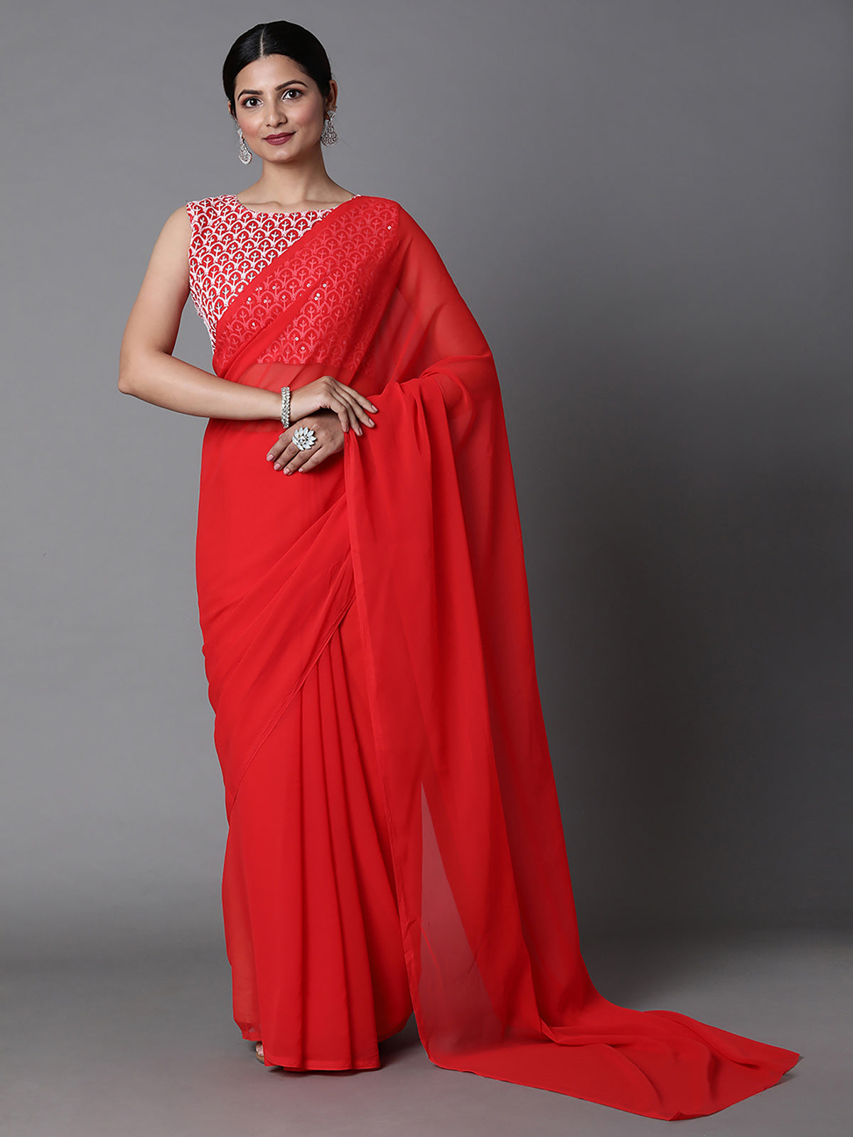 Red Georgette Embellished Saree With Unstitched Blouse