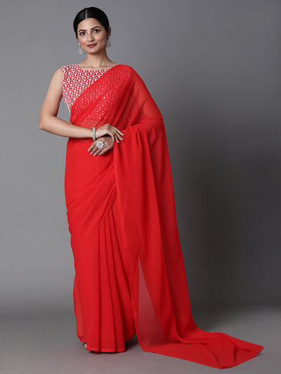 Red Georgette Embellished Saree With Unstitched Blouse