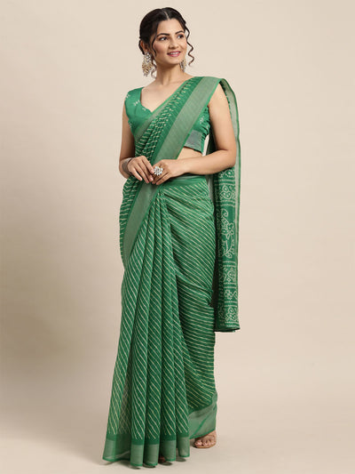 Odette Women Cotton Blend Green Printed Saree With Unstitched Blouse