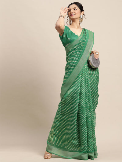 Odette Women Cotton Blend Green Printed Saree With Unstitched Blouse