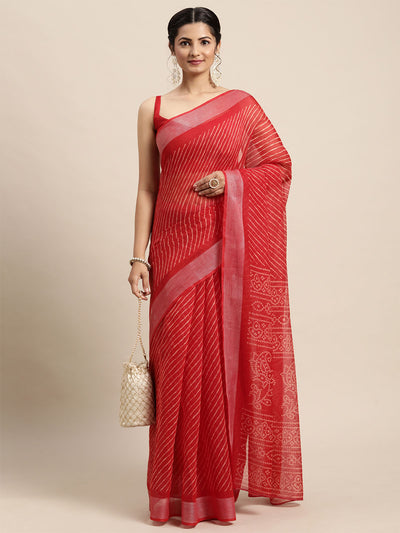 Odette Women Cotton Blend Red Printed Saree With Unstitched Blouse