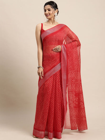 Odette Women Cotton Blend Red Printed Saree With Unstitched Blouse