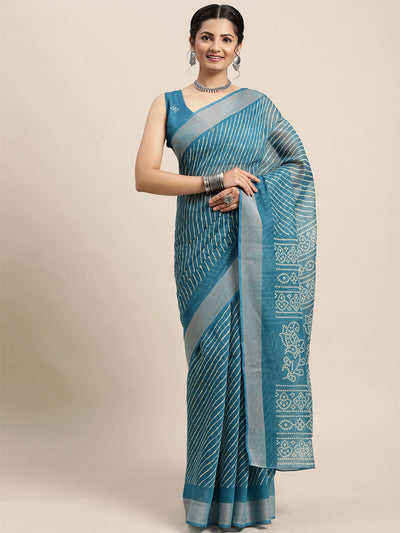 Odette Women Cotton Blend Blue Printed Saree With Unstitched Blouse