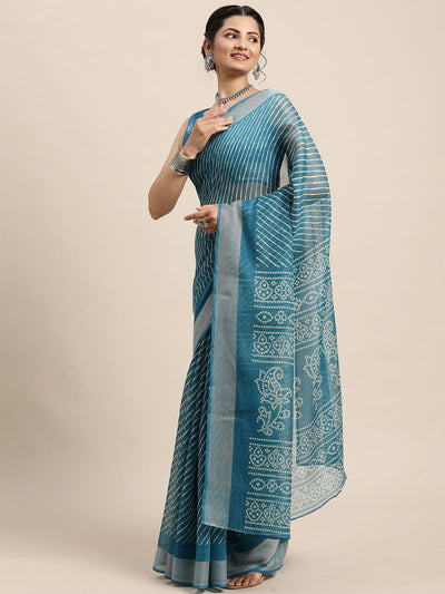 Odette Women Cotton Blend Blue Printed Saree With Unstitched Blouse